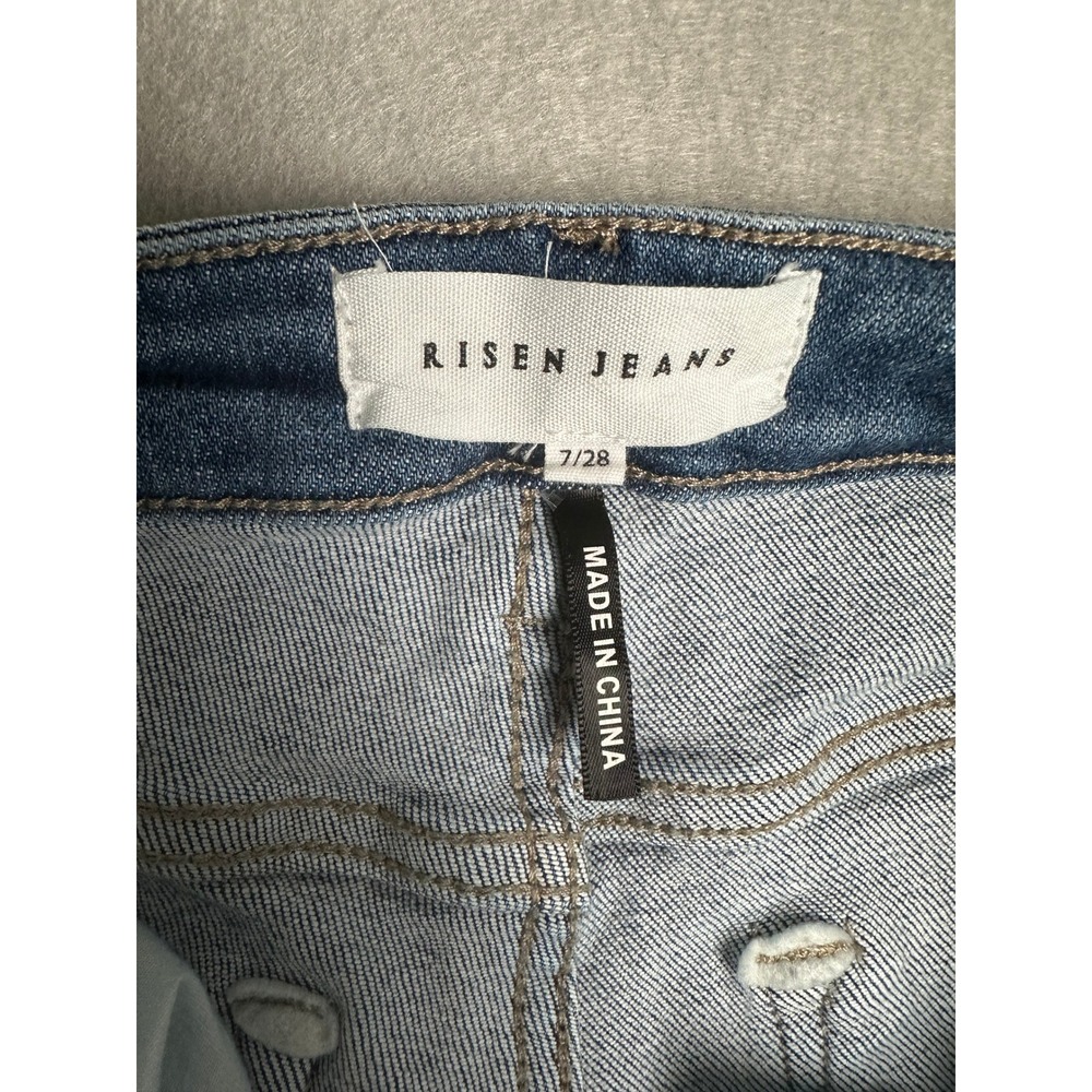 Risen Jeans High Rise Distressed Straight Leg Frayed Hem Denim Light Wash 7/28 - Picture 3 of 8